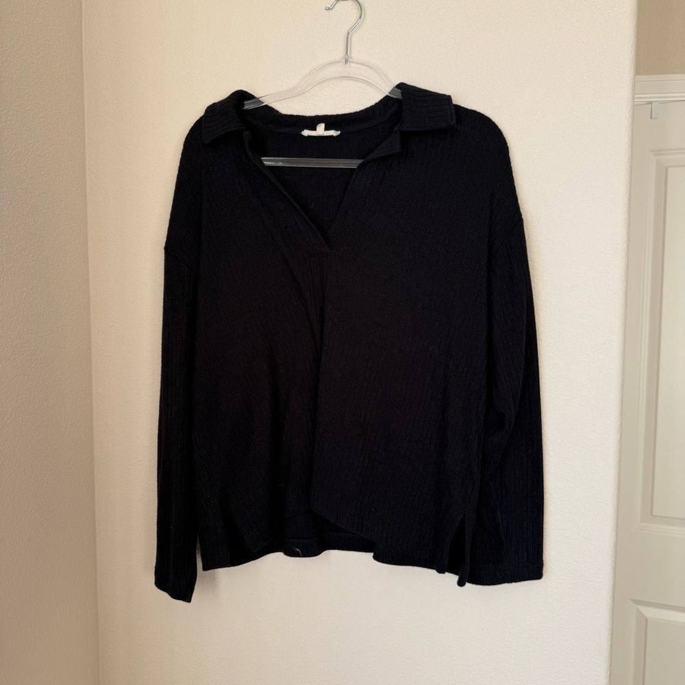 Madewell Relaxed Long-Sleeve Polo Tee Black Size Large